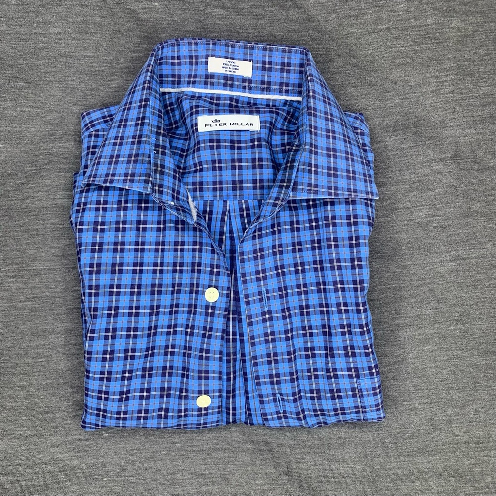 Peter Millar Long Sleeve Button Down Blue Plaid Large